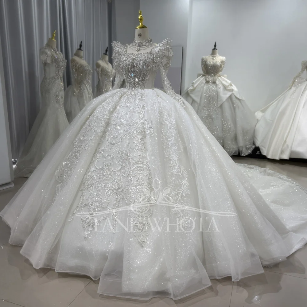 Customized Wedding Dress Necklace Square Collar Lace Up Back Long Sleeve Beaded Ball Gown Bridal Dress