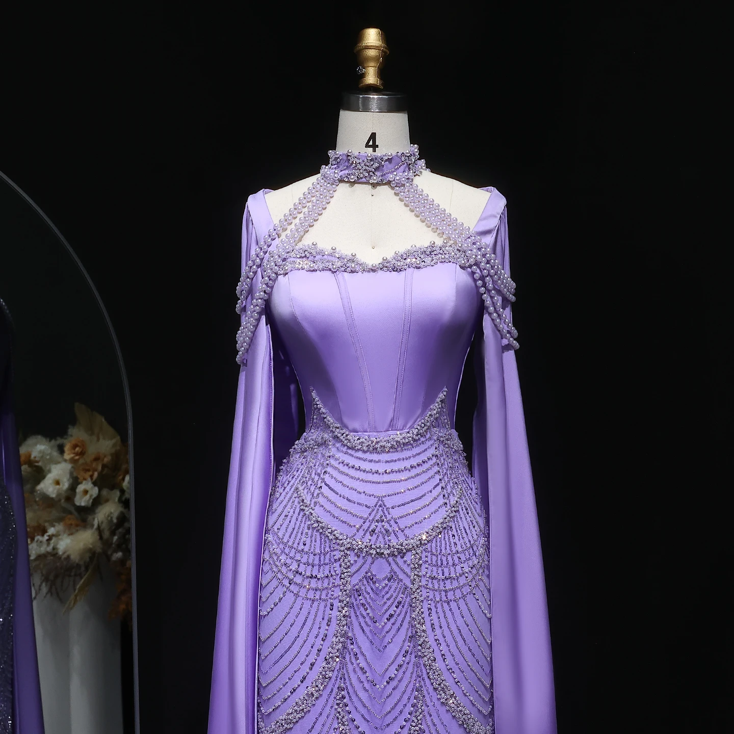 Sharon Said Elegantes Rosa Perlenbesetztes Meerjungfrauen-Abendkleid mit Cape-Ärmeln, Exquisite Details für Arabische Partykleider SS662 Maßanfertigung – Detail 8
