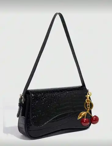 1pc Women Faux Leather Shoulder Bag, Black Crocodile Pattern Square Bag, Versatile Patent Leather Purse, Y2K Crossbody/Underarm Bag, Fashionable Sling Bag, With Cherry Pendant Charm