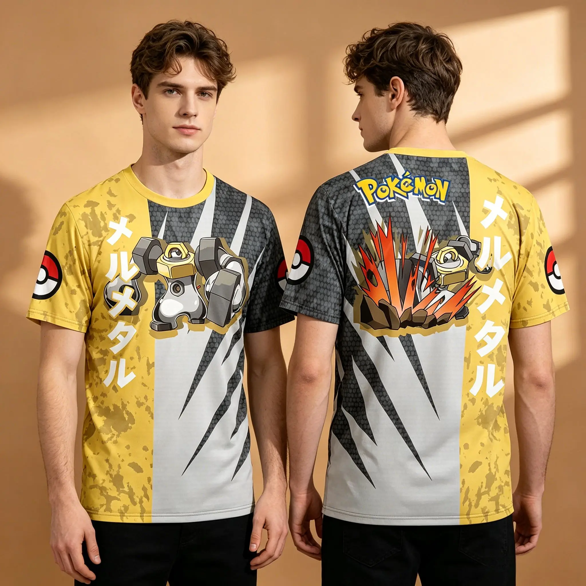 Men's Two Tone Split Full Sublimated Anime Graphic T-Shirt, Pokemon Melmetal Print Pokeball On Sleeves Vertical Japanese Kanji S