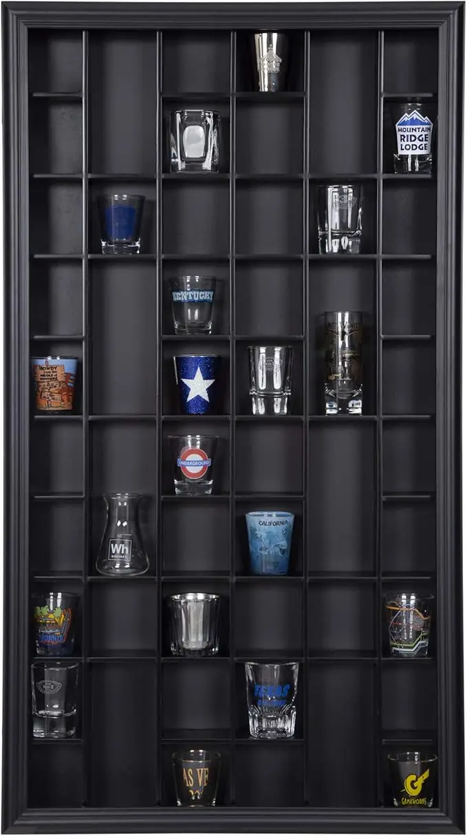 Vetrina nera a parete-Curio & Shot Glass-17 "x 32" porta in vetro-accessori Bar-da collezione-vetreria in miniatura