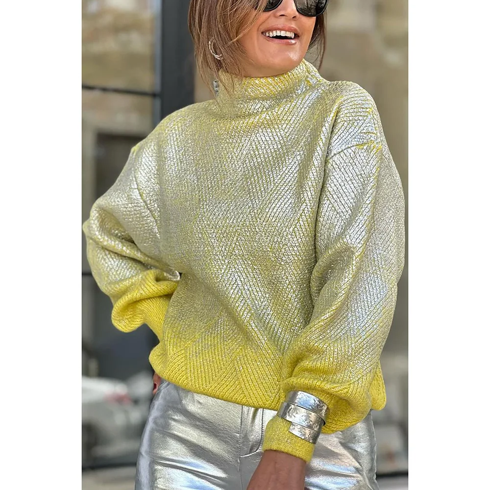 Plus Size Semi Formal Sweaters Casual Yellow Short Fall Winter High Collar Long Sleeve Knitted Sweaters