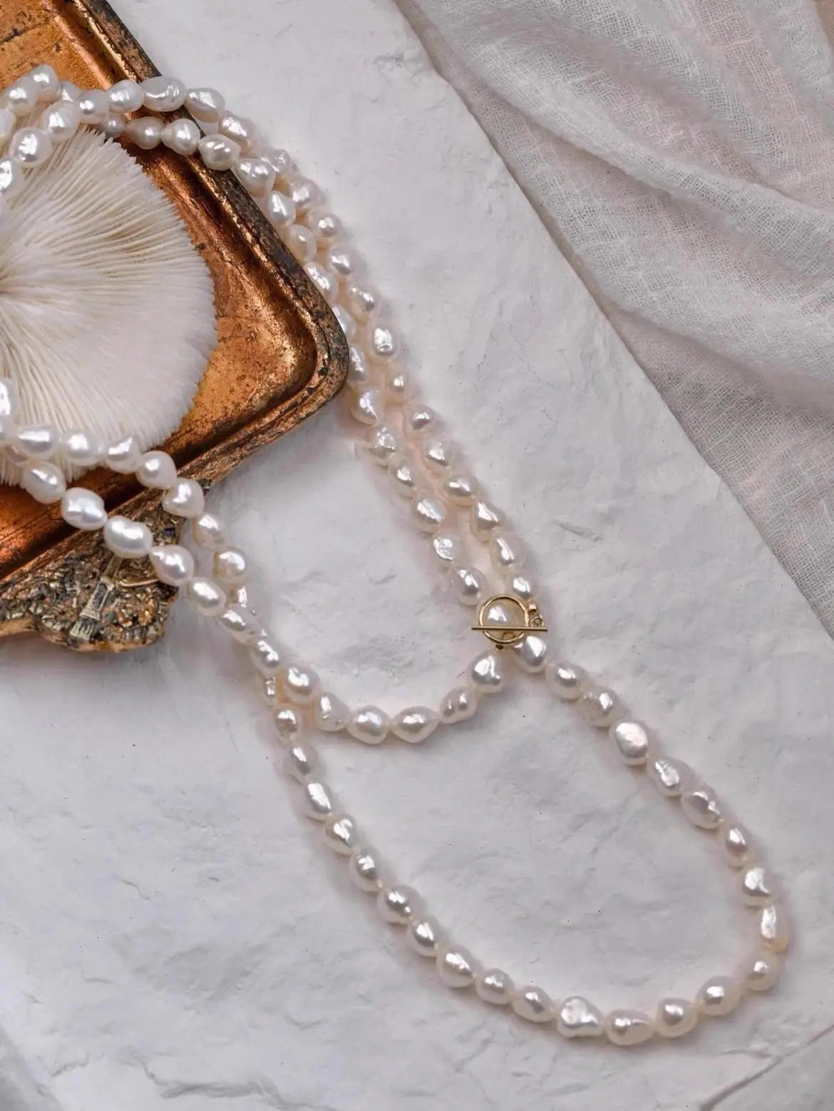 

Baroque Elegance Necklace – Handcrafted Freshwater Pearl Strand with Gold Toggle