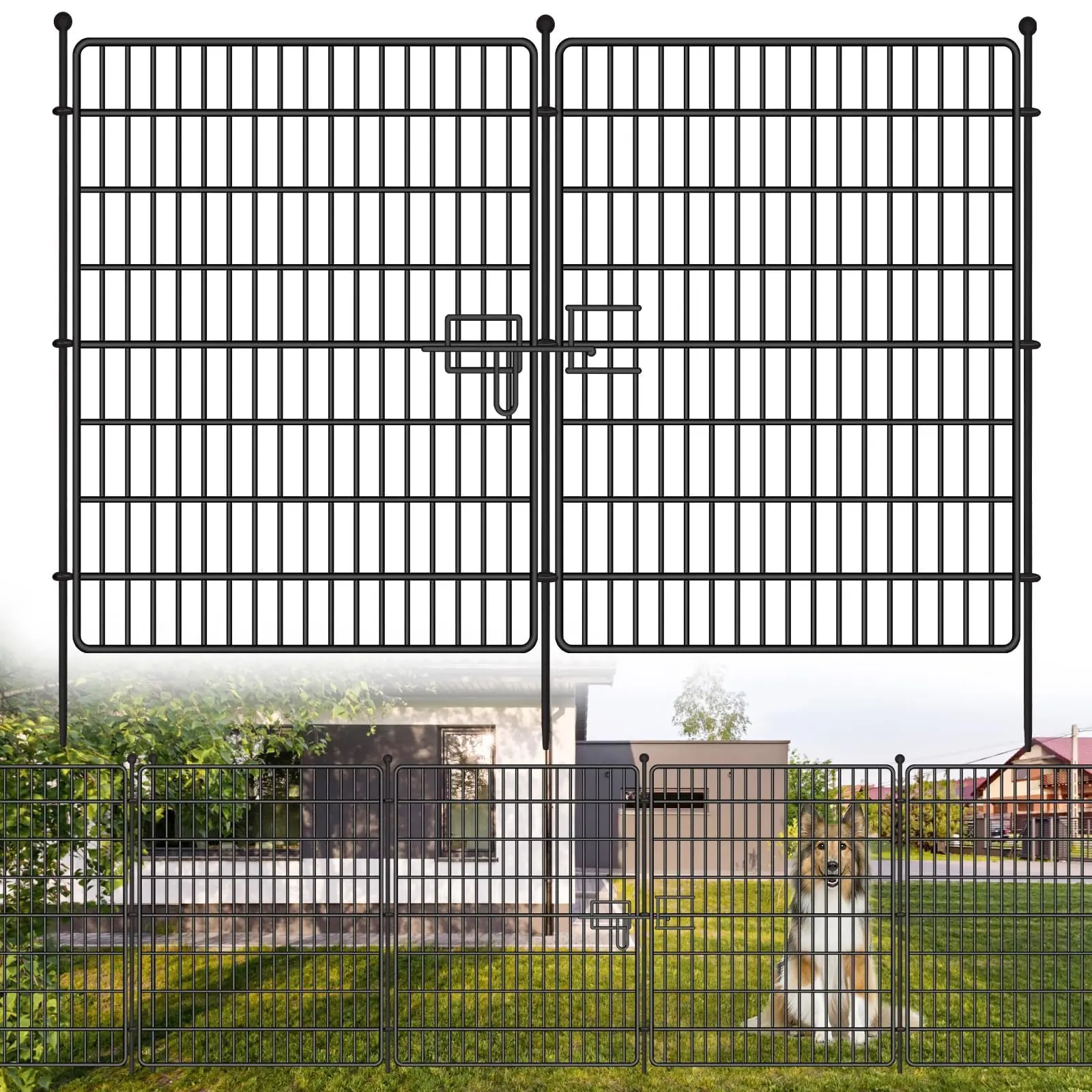 Recinzione da giardino decorativa in acciaio inossidabile, 15 pezzi, con cancello e parte superiore piatta, dimensioni 74x81 cm – barriera per animali, adatta a cani e conigli, inclusa. 16 Picchetti