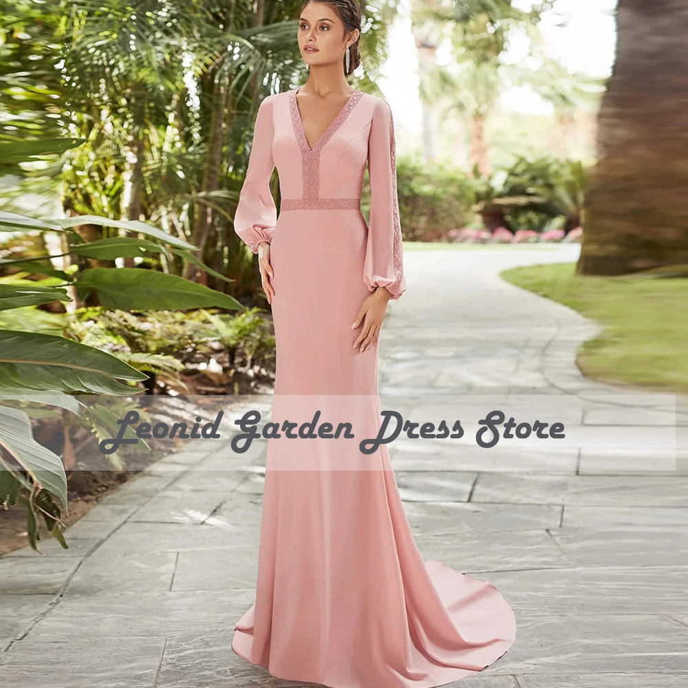 Elegant Pink Prom Dresses Long Sleeves Evening Dresses For Women Mermaid Wedding Party Gowns Floor Length Applique فساتين حفلات