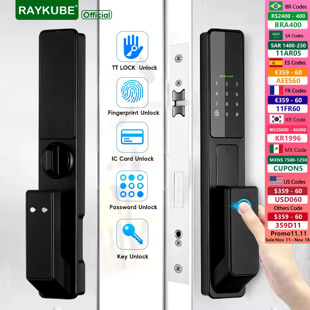 RAYKUBE V1 TT Lock Full-auto Advanced Electronic Fingerprint Smart Door Lock With TT Lock APP/NFC/ICCard/Password/Key Unlock