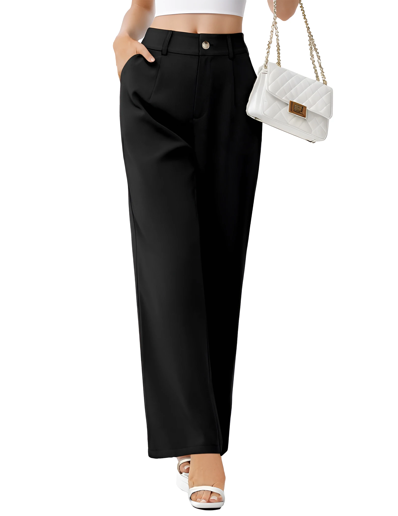 Women Business Trousers High Waist Wide Leg Straight Long Work Trousers Dress Pants Business Casual Long Pants With Pockets