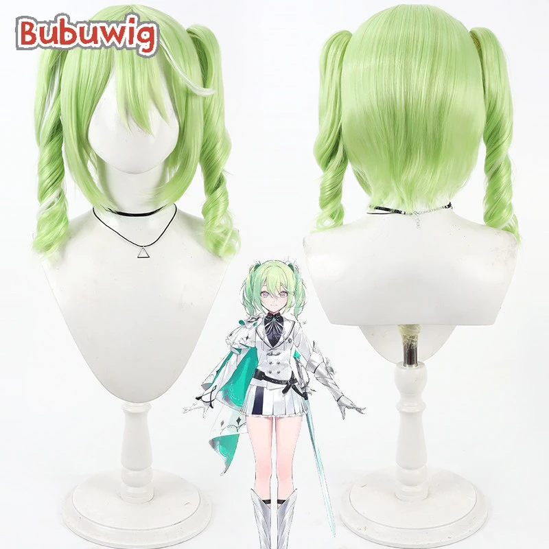 Bubuwig Synthetic Hair Yuzuha Riko Cosplay Wigs Virtual YouTuber Yuzuha Riko Light Green Mixed White Ponytail Wig Heat Resistant