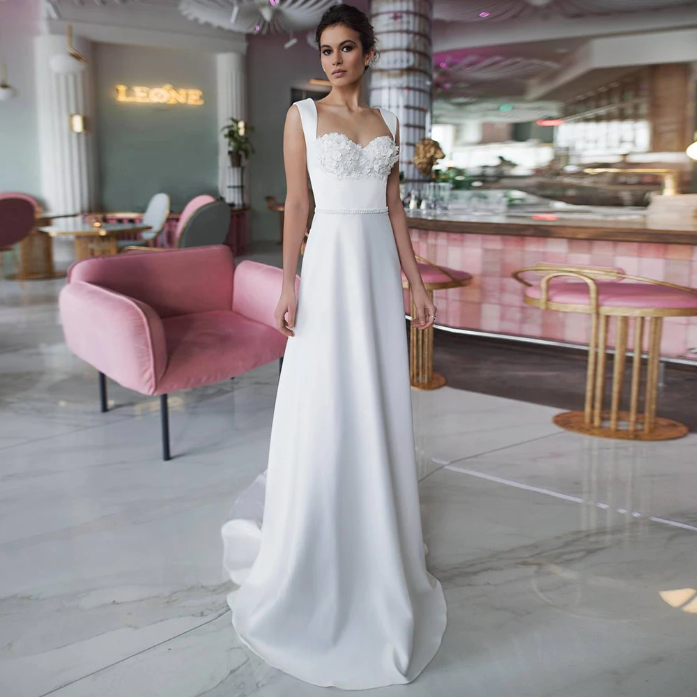 

Customized Simple A-Line Sweethear Wedding Dress for Brides 2023 Pure White Jersey Court Train 3D Flowers Civil Bridal Gowns Rob