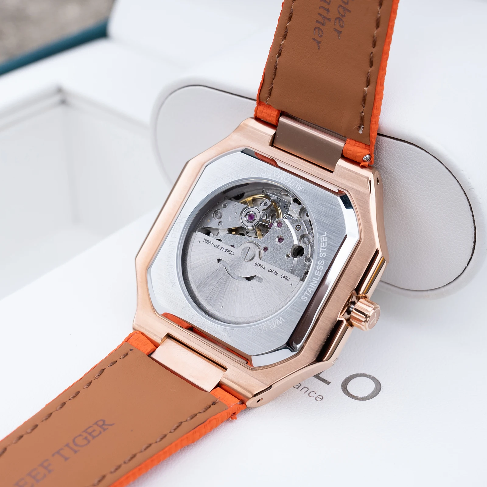 ريف النمر الفاخرة رجالي ارتفع الذهب ساعة مربعة مع تاريخ مضيئة البرتقال حزام من الجلد 50 متر مقاوم للماء الميكانيكية Relojes RGA 2015