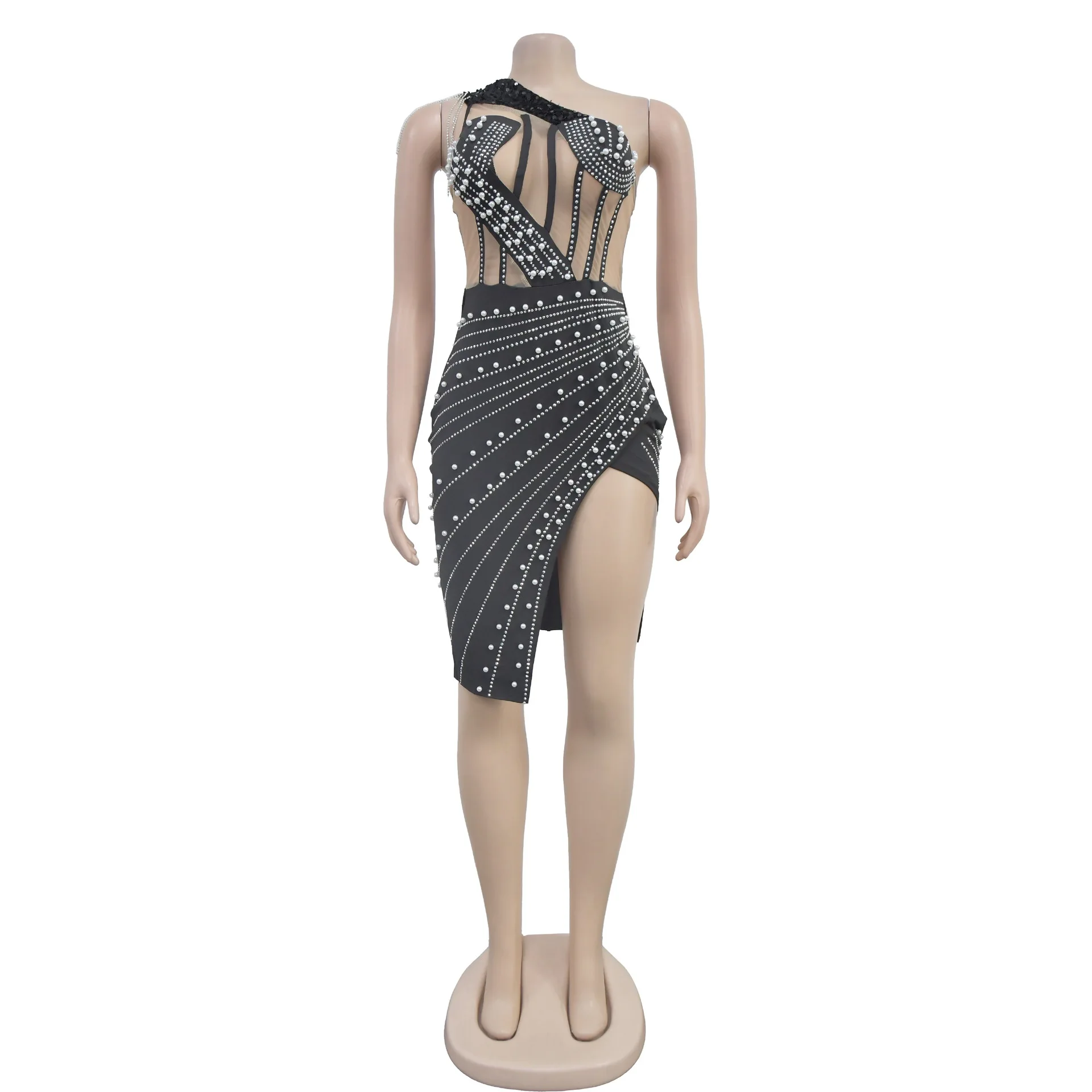 SKMY Sexy Night Club Outfit Fashion Women Clothing Mesh Patchwork Rhinestone Medium Length Bodycon Dress One Shoulder Sleeveless