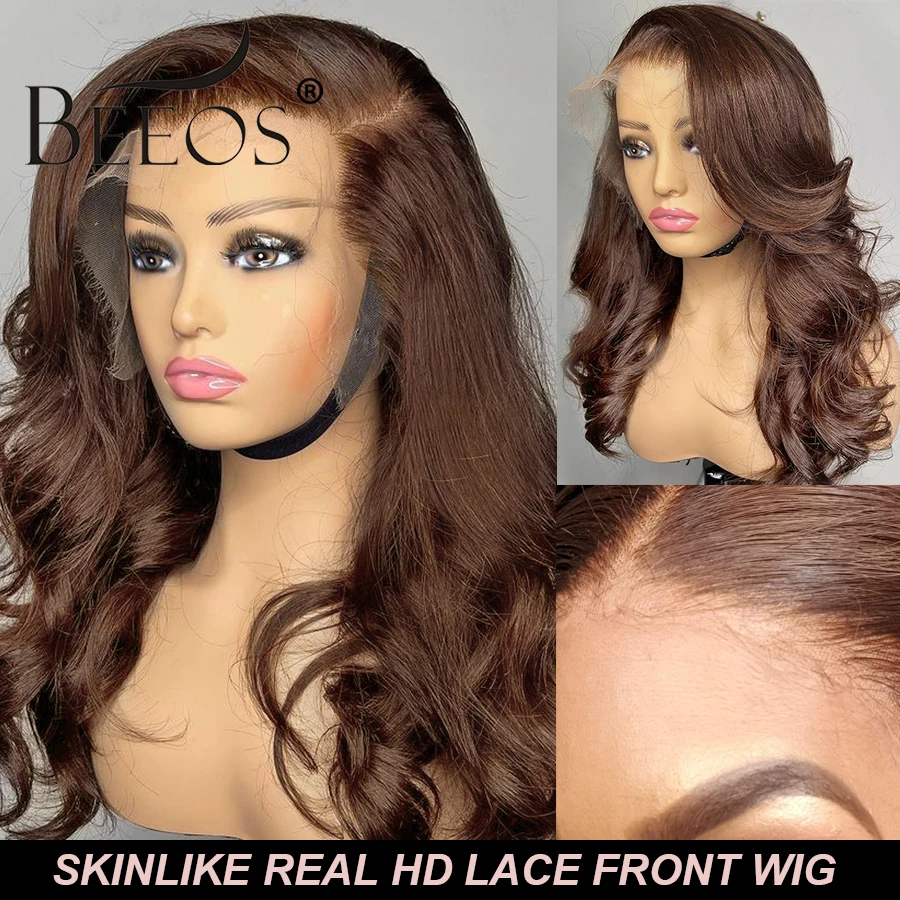 BEEOS Glueless Brown 13x6 HD Lace Front Human Hair Wigs Body Wave Pre plucked 5x5 HD Lace Closure Wig Brazilian Skinlike HD Lace