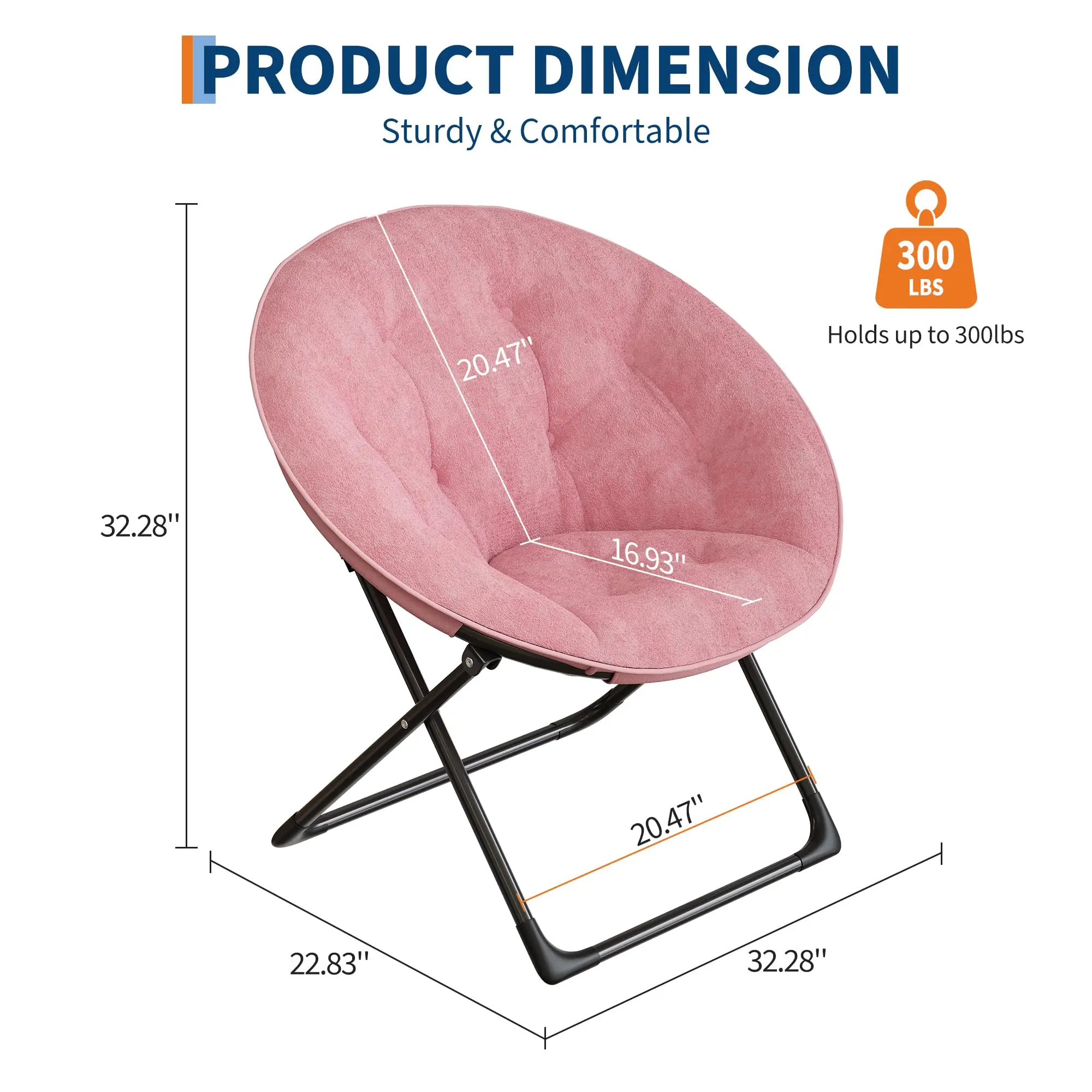 Ultra Comfortable Folding Moon Chair Faux Fur Seat Durable Black Metal Frame Compact Lightweight for Living Room Bedroom Playroom Small Apartment