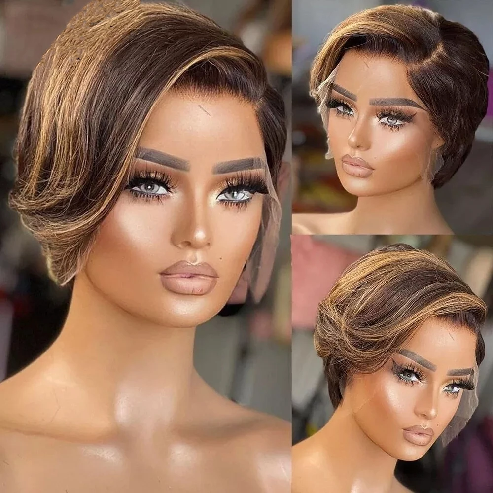 Pixie Cut Short Bob Wigs Human Hair 13x4 Straight Wig Transparent Lace Frontal Wig 180 Density Highlight Straight Pixie Cut Wig