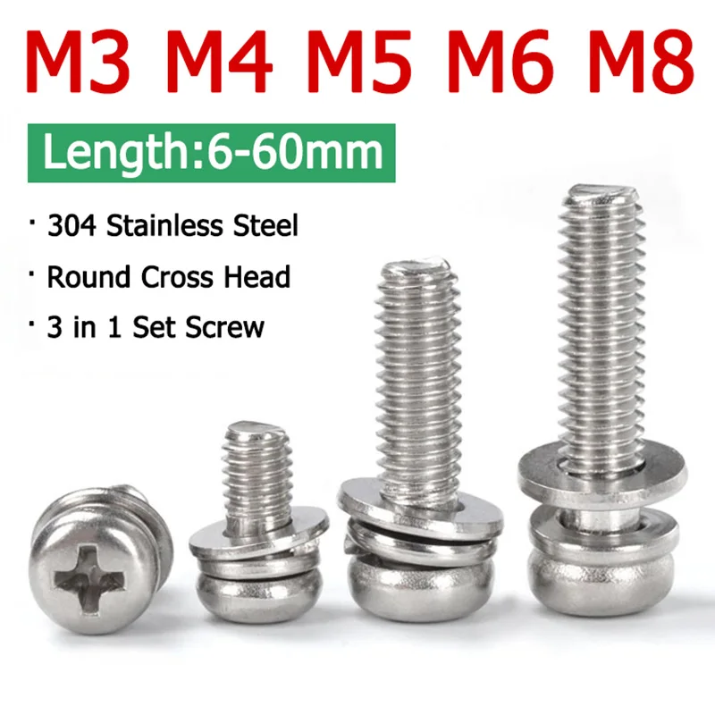 

10-25pcs 3 In 1 Set Screw M3 M4 M5 M6 M8 304 Stainless Steel Round Read Cross Phillips Screw Flat Washer Gasket Bolt Length 6-60