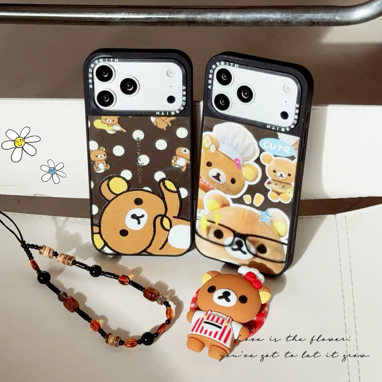 Fashion Cute Rilakkuma Mirror Magnetic Phone Case for iPhone 16 15 Pro 14 13 16 plus 17 Pro Max Cover With Magsafe Stand Chain