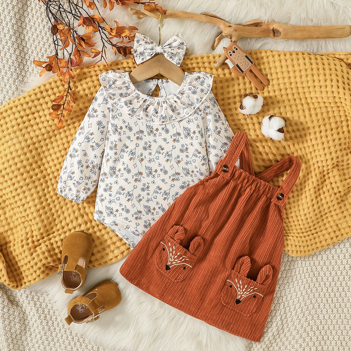 Infant Baby Girls Skirt Set ,  Autumn Long Sleeve Floral Printed Two-piece +Bow hair accessories