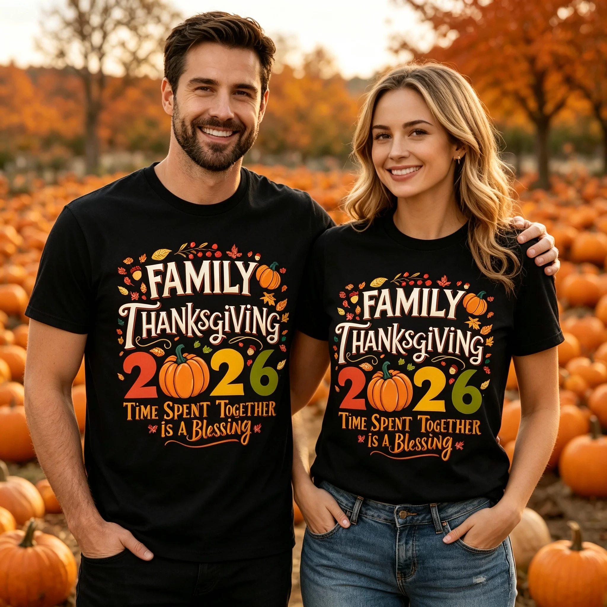 Family Thanksgiving 2026 T-Shirt, Time Spent Together Is A Blessing Matching Family Tee, Pumpkin Fall Autumn Thanksgiving Family Reunion Graphic Shirt