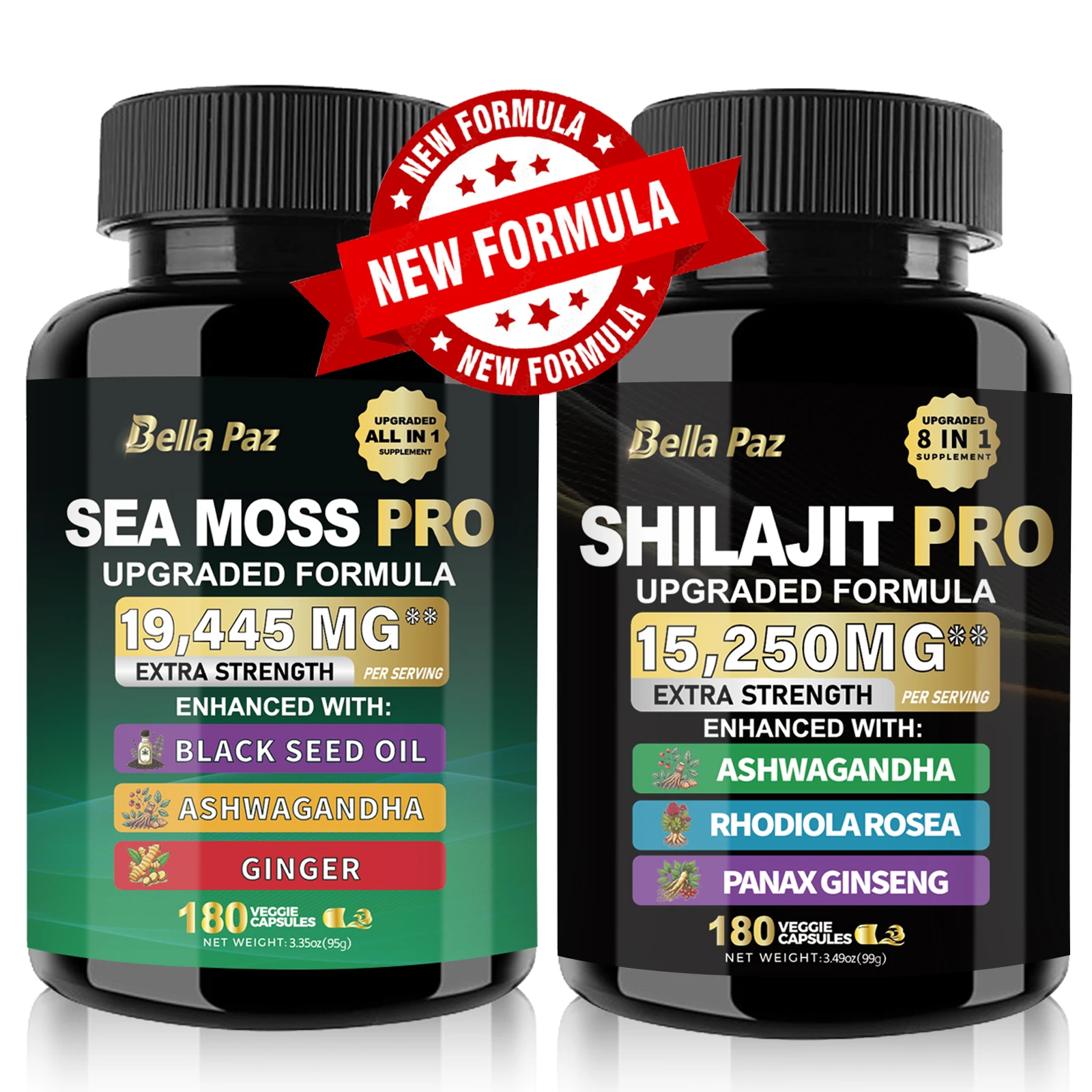 BellaPaz Vitality Bundle: fórmula mejorada, musgo de mar, Shilajit, aceite de semilla negro, Ashwagandha, jengibre, Rhodiola,Ginseng, 180 unidades