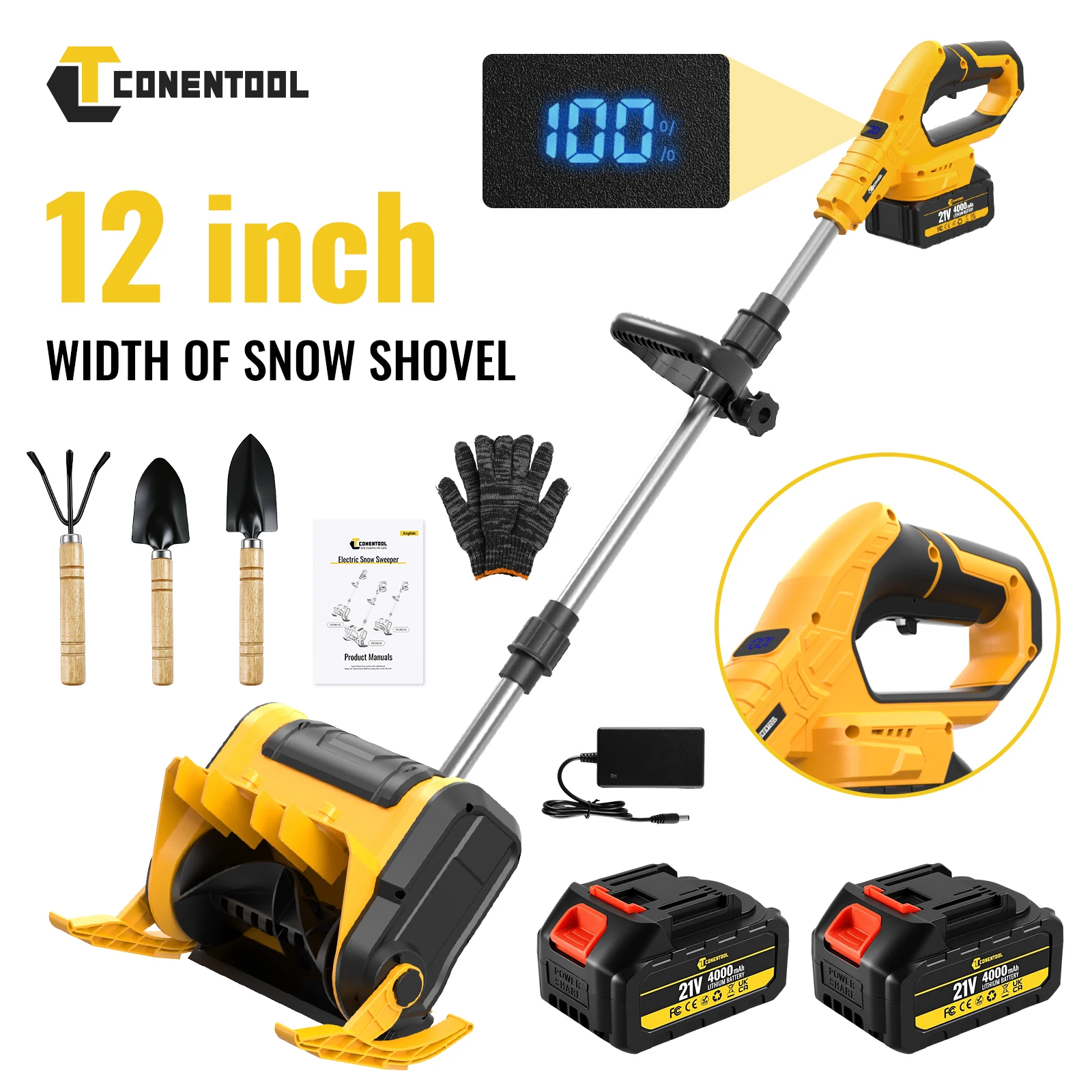 Pelle à neige sans fil CONENTOOL 21V 1200W, souffleuse à neige électrique de 12 pouces avec 2 batteries de 4000 mAh, profondeur de déneigement de 20 cm, direction du neige réglable, affichage de la batterie pour allées, entrées de garage et cours.