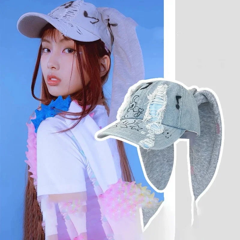 Niche Y2k oreilles de lapin Denim déchiré casquette de Baseball hommes et femmes personnalité foncée anneau en métal rue tendance réglable chapeau de sport