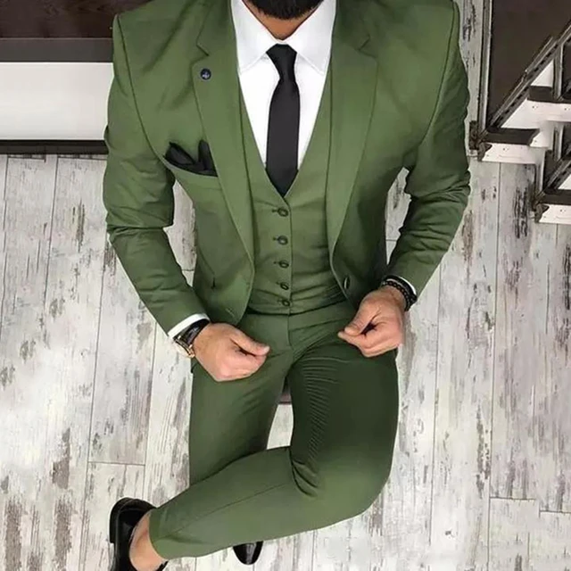 Olive Green Mens Suits For Groom Tuxedos Notched Lapel Slim Fit Blazer Three Piece Jacket Pants Vest Man Tailor Made Clothing AliExpress