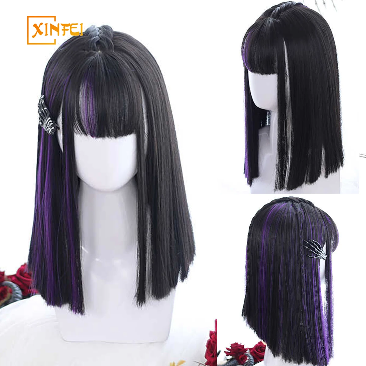 

XINFEI Black Ombre Purple Short Bob Synthetic Wigs For Women Natur synthet Cosplay Synthet Natural Hair Lolita Pelucas