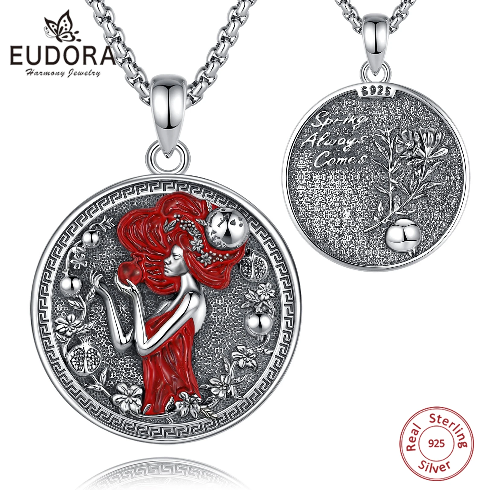 

Eudora 925 Sterling Silver Dark Goddess Persephone Necklace Pomegranate Skull Pendant Greek Mythology Jewelry Gift for Women Men