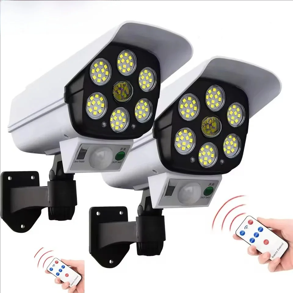 Capteur de mouvement extérieur lumières solaires 2000 Lumen 77 LED avec télécommande fausse caméra de sécurité surveillance lampes murales à