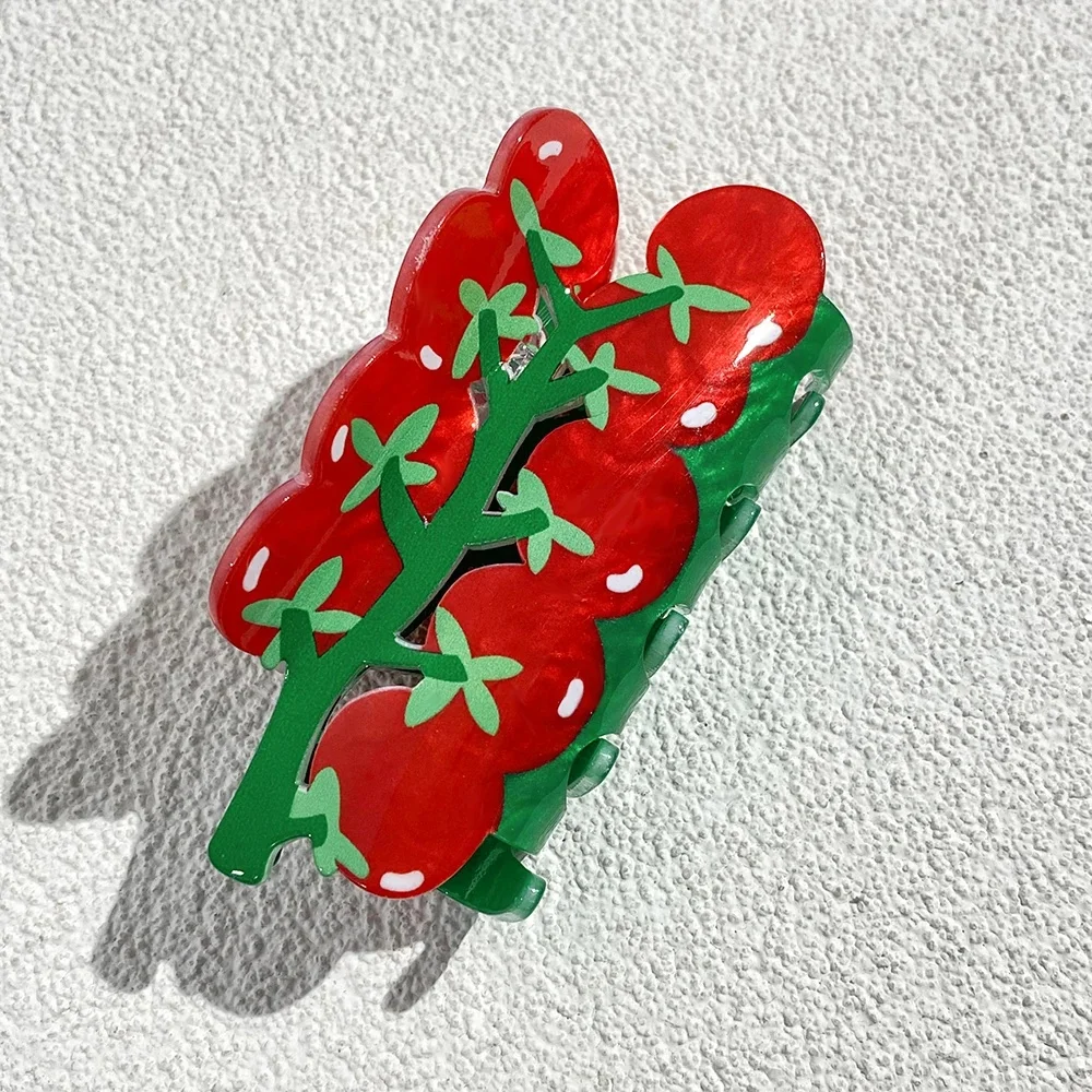 Pince à cheveux requin imprimée Double face, tomates cerises rouges, griffe pour femmes et filles, nouvelle épingle à cheveux queue de cheval fixe en acrylique, accessoire pour cheveux
