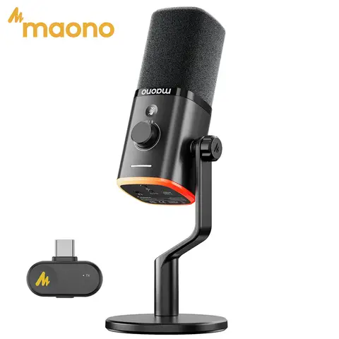 MAONO PD100W Wireless USB Dynamic Microphone Cardioid Microphone One-Touch Mute Noise Reduction RGB for PC Gaming Live Streaming