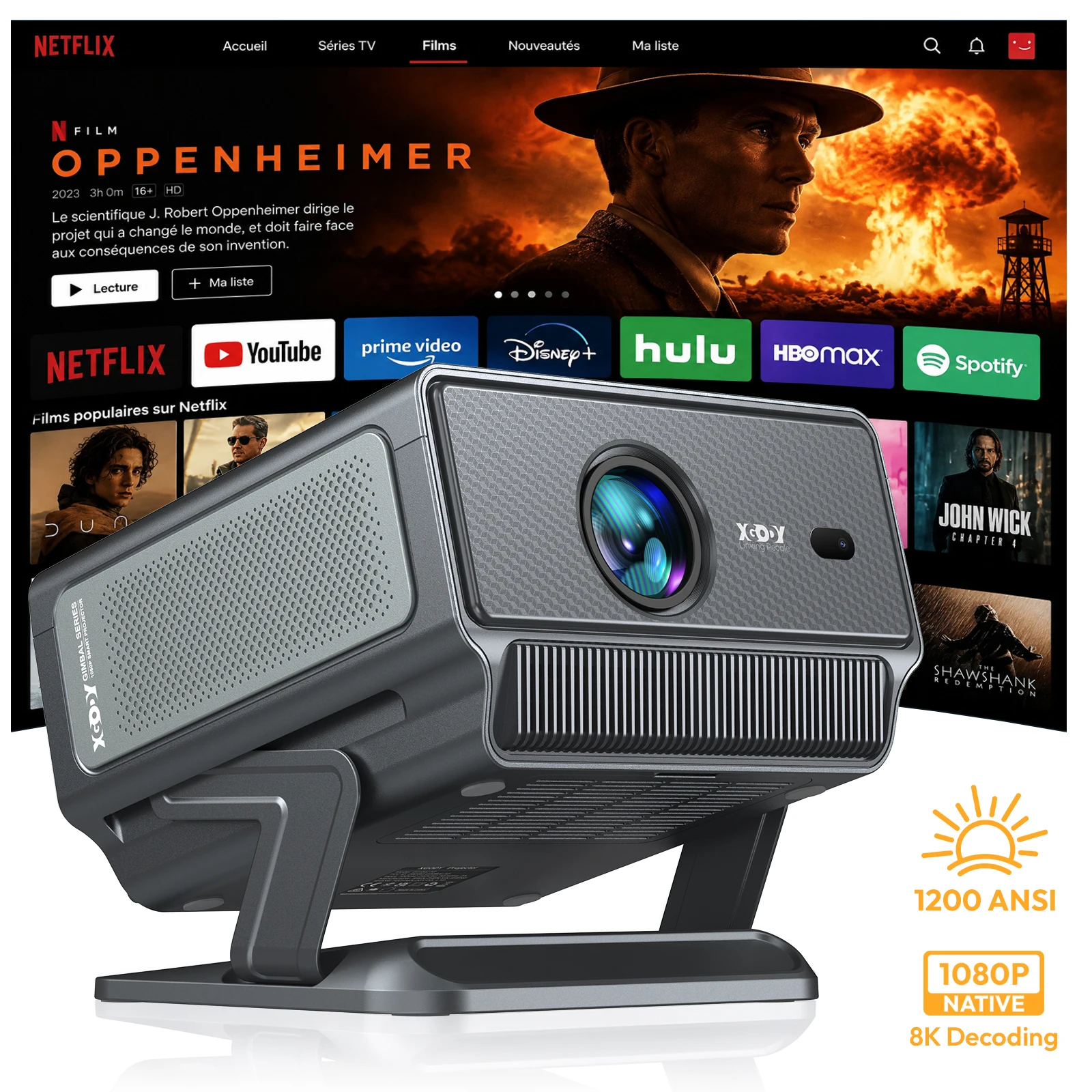 Projektor Xgody 1200 Ansi 4K/8K, natywny rozdzielczość 1080P, automatyczne ustawianie ostrości, korekcja trapezoidalności 6D, Android 14, HDR10, Wifi6, Bt5.4, do użytku biznesowego i domowego, kina