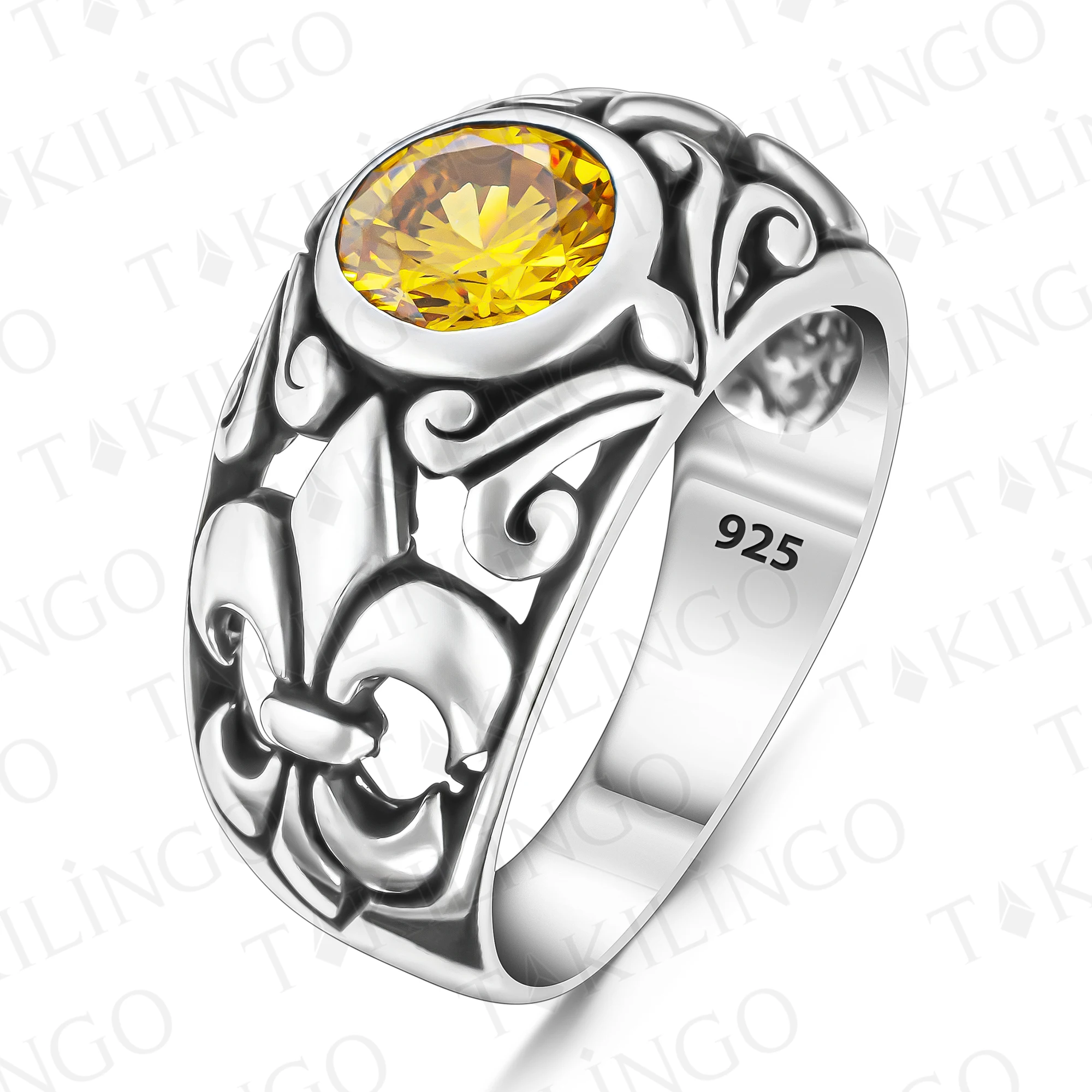 Solid 925 Sterling Silver Yellow Citrine Stone Wedding Band Men's Ring Signet Pull Punk Yellow Ring