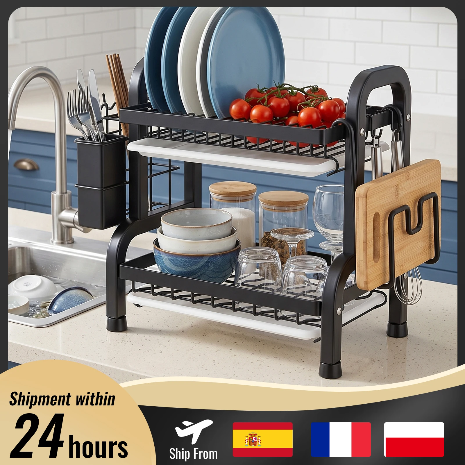 Scolapiatti compatto a 2 livelli, ideale per la cucina, con sistema di drenaggio, scolapiatti grande e resistente alla ruggine, include spazio per coltelli e cucchiai.