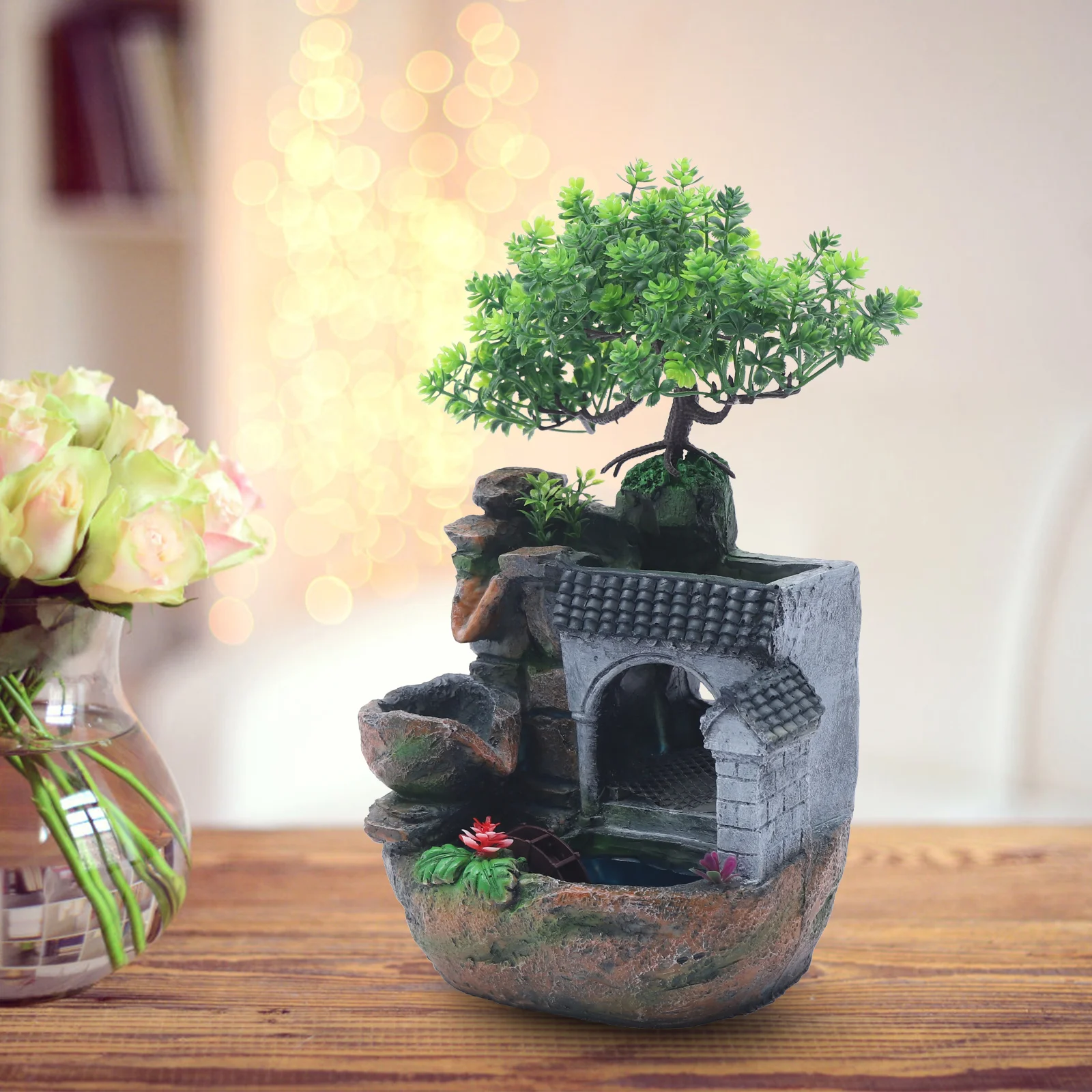 

Светодиодный настольный фонтан с водопадом, орнамент с насосом, домашний декор для офиса, дома, рокарий, украшение для гостиных, кабинет