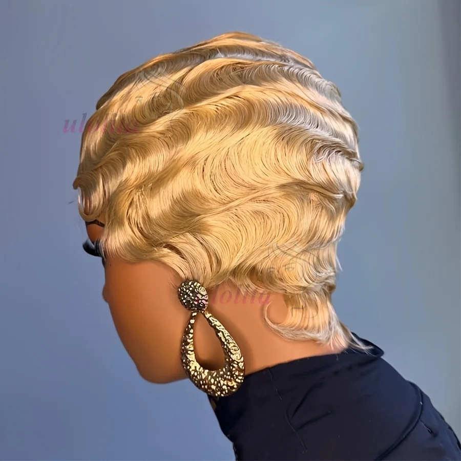 Farbton 99J # 27 braune kurze Pixie-Cut-Perücken für schwarze Frauen, Mommy-Perücke, brasilianische Echthaar-Perücken, Finger-Ocean-Wave-Perücke aus Echthaar – Detail 6