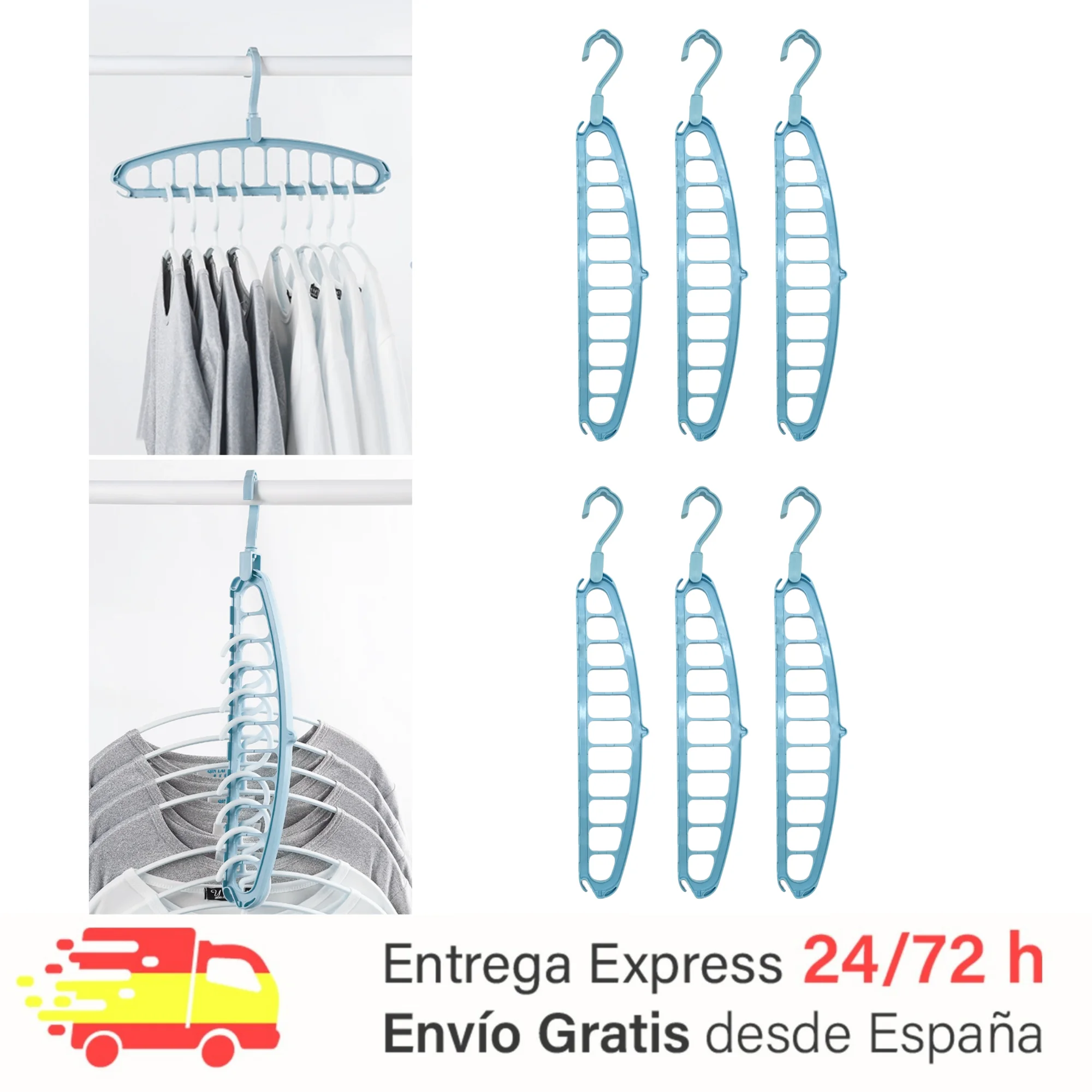 𝗣𝗔𝗖𝗞 𝟲 𝗣𝗲𝗿𝗰𝗵𝗮𝗮𝘀 𝗔𝗵𝗼𝗼𝗿𝗿𝗮 𝗘𝘀𝘀𝗽𝗮𝗶𝗼 𝗼 𝗼. Organizer of clothes hangers. Multi cabinet hanger. Anti-slip Vertical hanger, 360 ° rotation, ABS plastic, 11 gaps, supports 5kg.