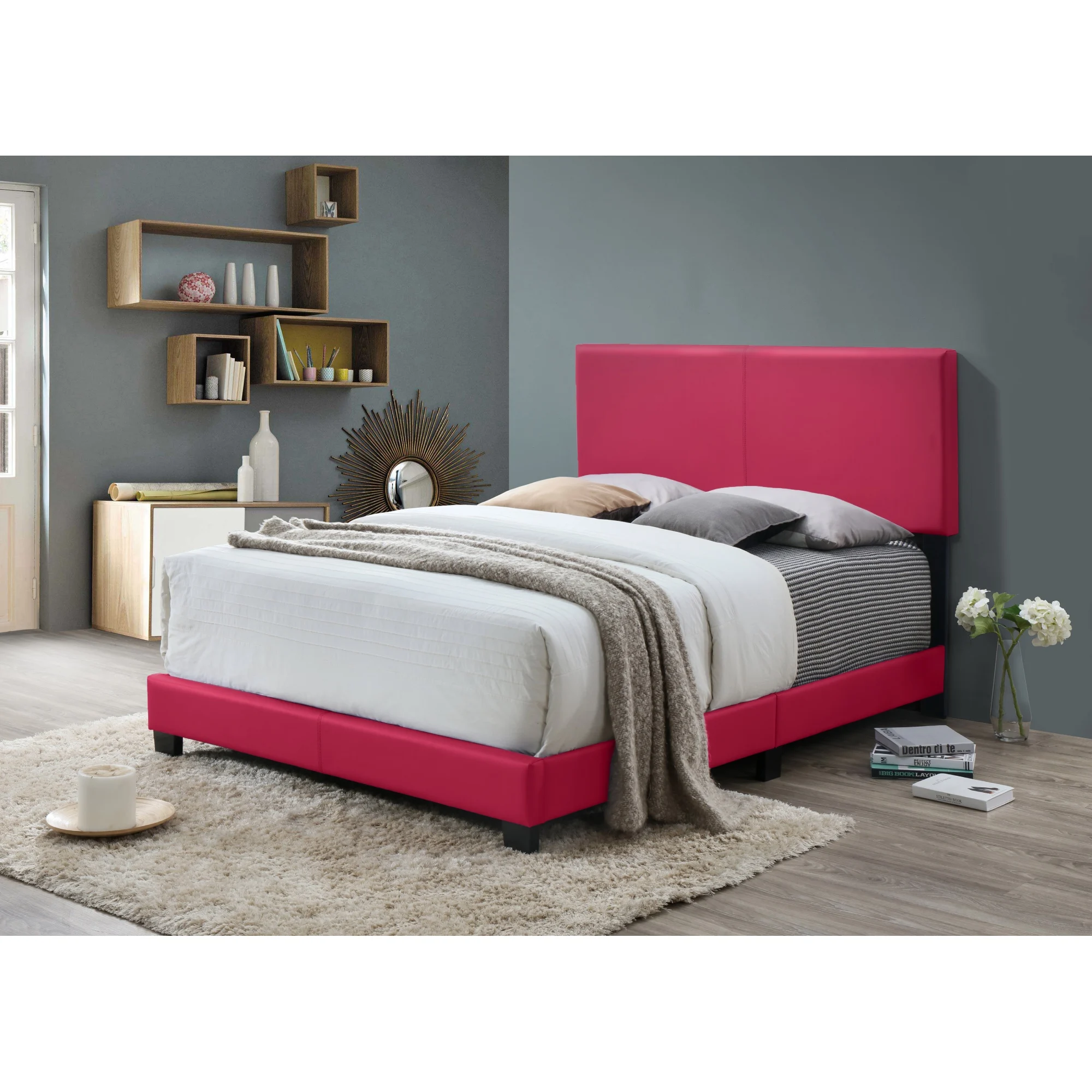 [Flash Sale]1pc Modern Beautiful Pink Full/Twin Size Bedroom Platform Bed Frame PU Fabric[US-Stock]