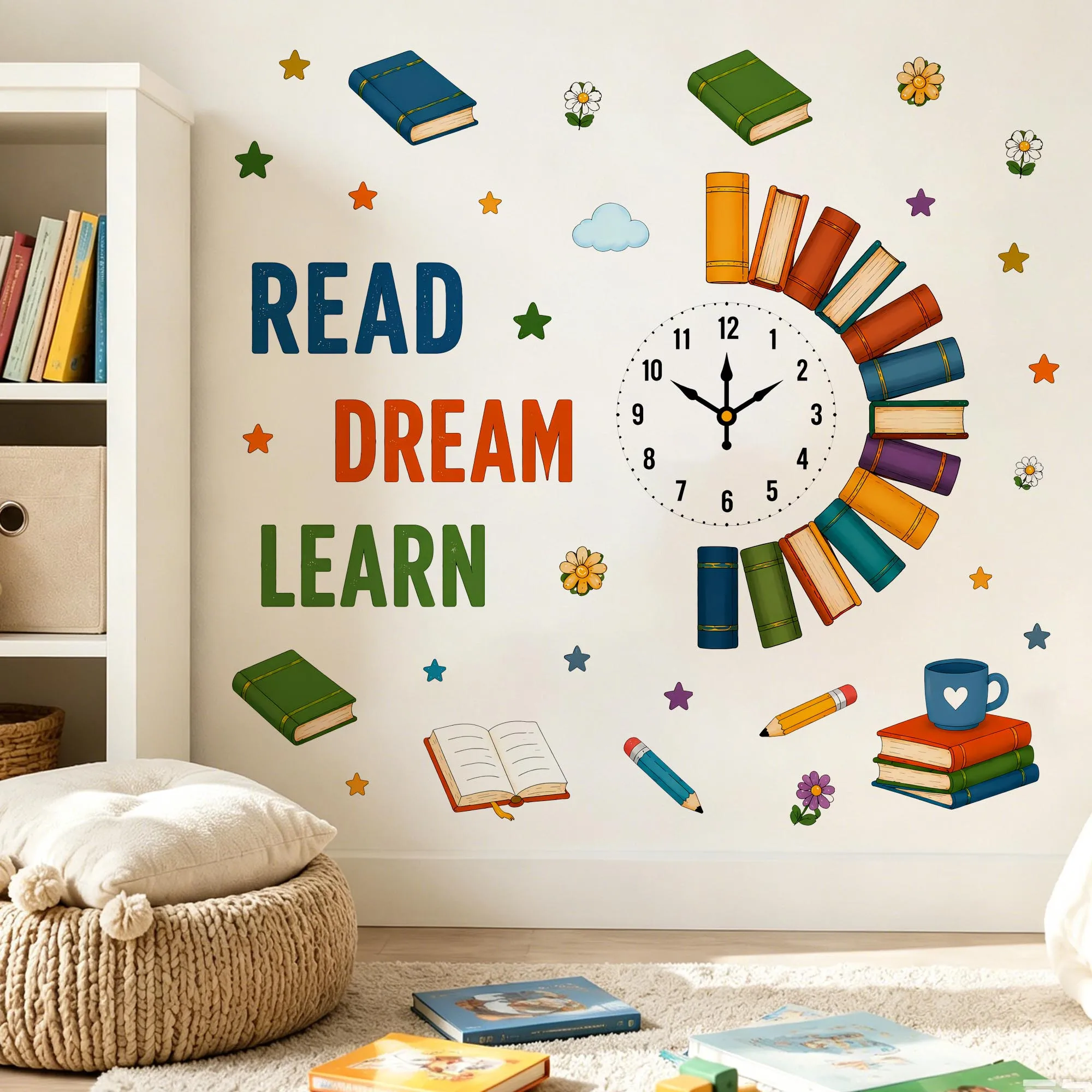 Creative Books Clock Wall Stickers Read Dream Learn Wall Decals for Kids Room School Classroom Library Reading Corner Decor