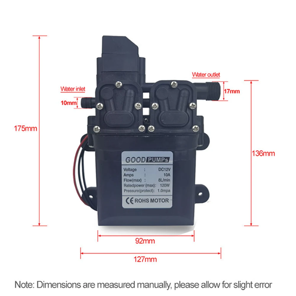 DC 12V 120W 8L/Min Durable High Pressure Diaphragm Water Pump High Pressure Self-priming Diaphragm Water Pump with Automatic