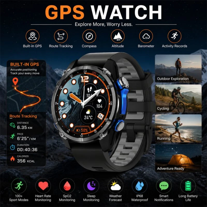 HD350 Pro Men Smart Watch AMOLDE GPS Track Offline Map 4GB M