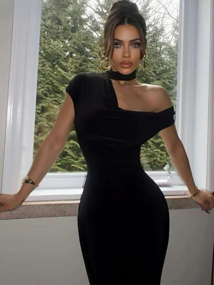 Dziwne koty nachylona sukienka na ramię kobieta lato seksowny jednolity, nieregularny kołnierzyk elegancka bez rękawów szykowna impreza obcisła wieczorowa Vestidos — zdjęcie 2