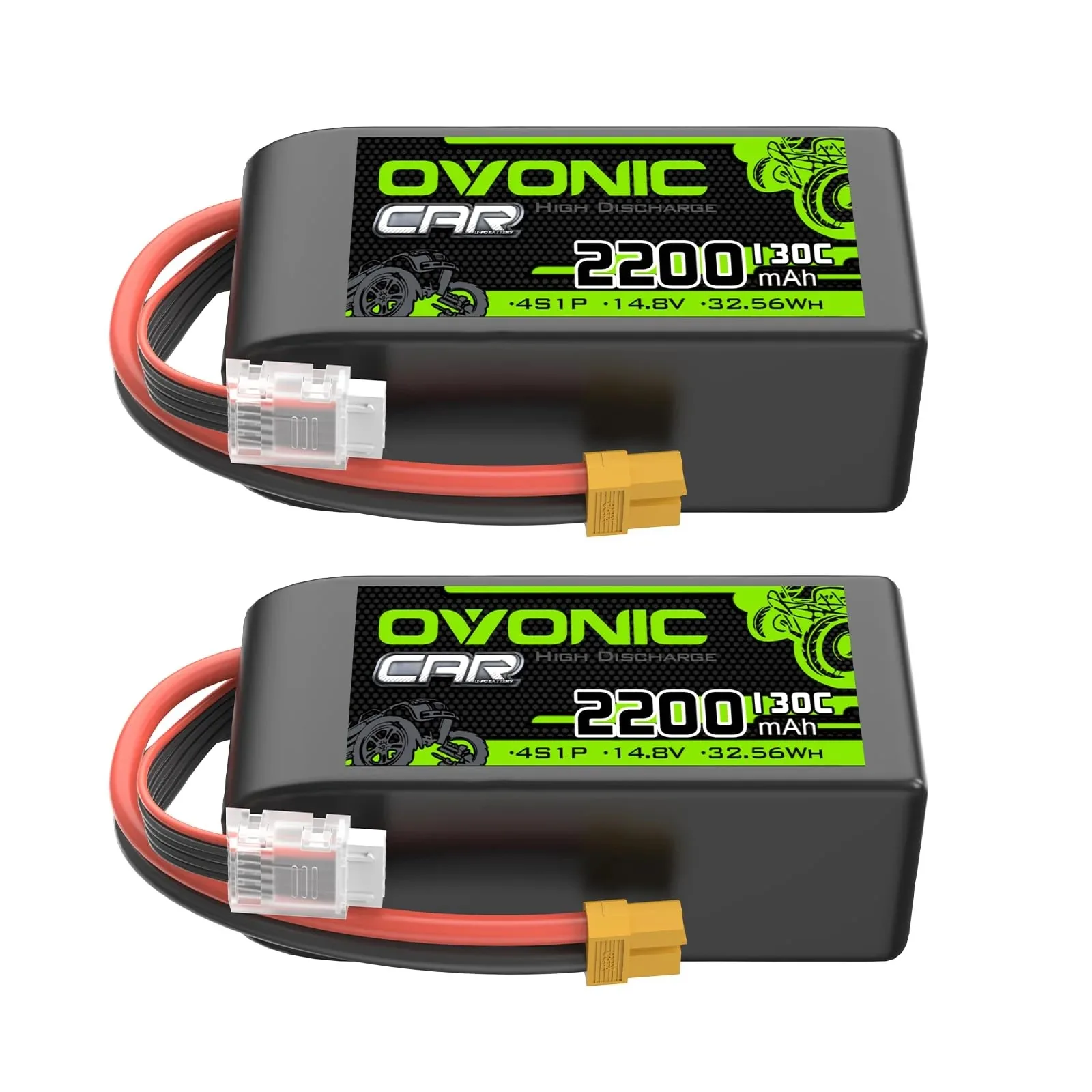 Ovonic 4S Short LiPo Battery 14.8V 2200mAh 130C, XT60 Plug RC Battery for RC Car, Airplane & FPV Drone, 2-Pack
