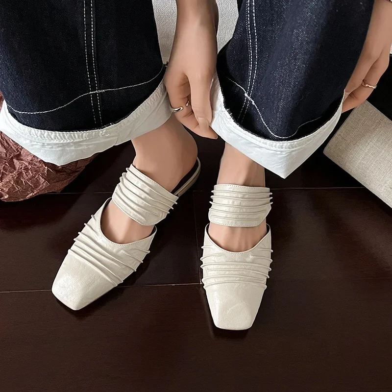 2025 été nouveau cuir véritable talons bas pantoufles femmes bout carré en cuir naturel pantoufles décontractées femme pantoufles de marche quotidienne
