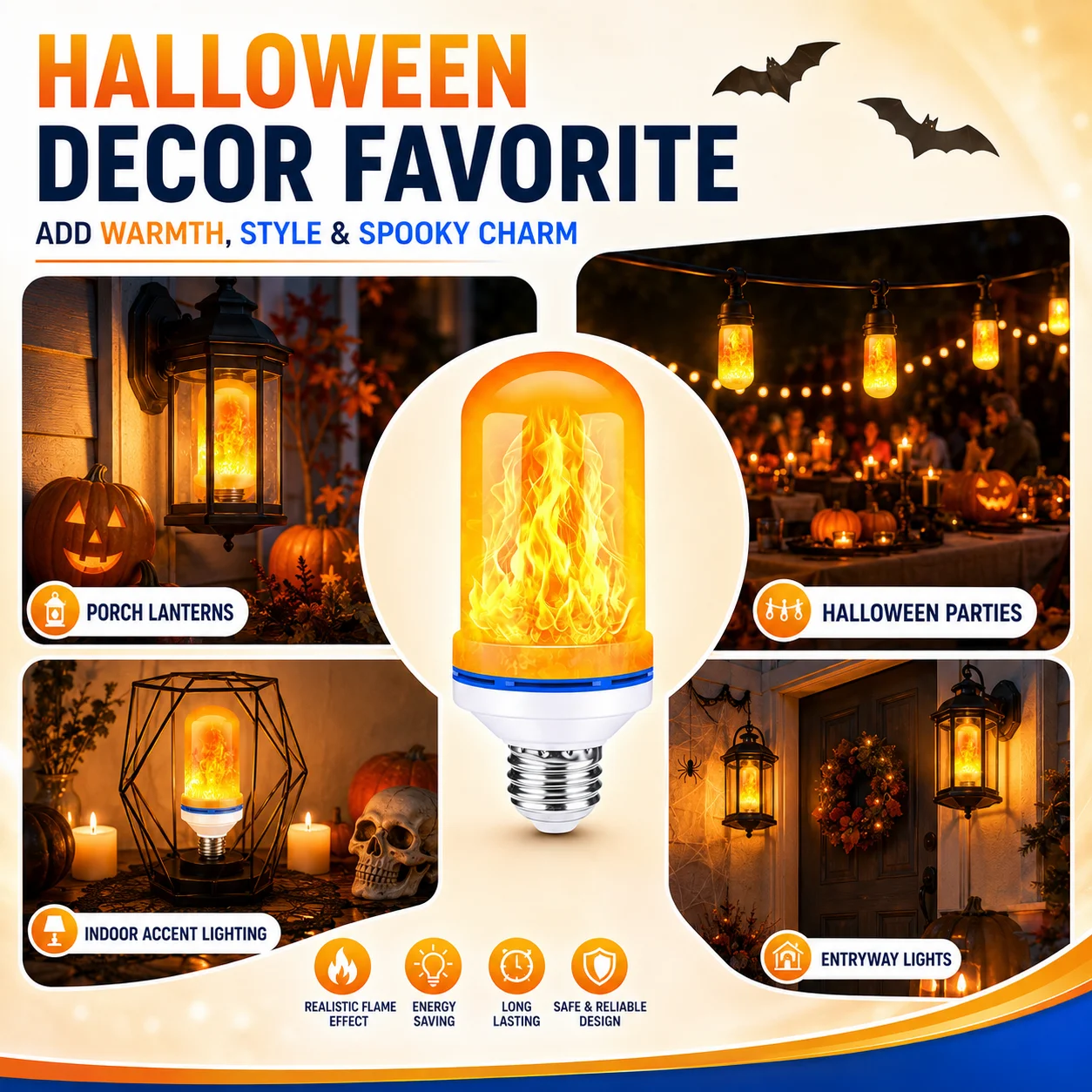 LED Simulated Fire Flicker Light Bulbs, 4 Lighting Modes Gravity Activated Flame Effect Lamp, E26 Screw Base Warm Yellow Decor Bulb, Multipack Options for Halloween Christmas Bar Indoor Patio Ambient Lighting