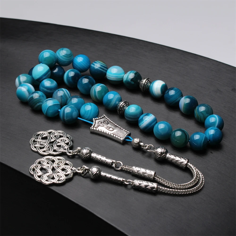 

Professional Tasbih Factory Natural Blue agate stone Muslim prayer beads men Misbaha bracelet Turkish tesbih islamic rosary