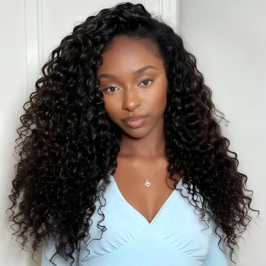 

Jerry Curly 3 In 1 Half Wig Human Hair Seamless Kinky Curly Beginner Friendly Wear & Go Drawstring Band Curly Human Hair Wigs