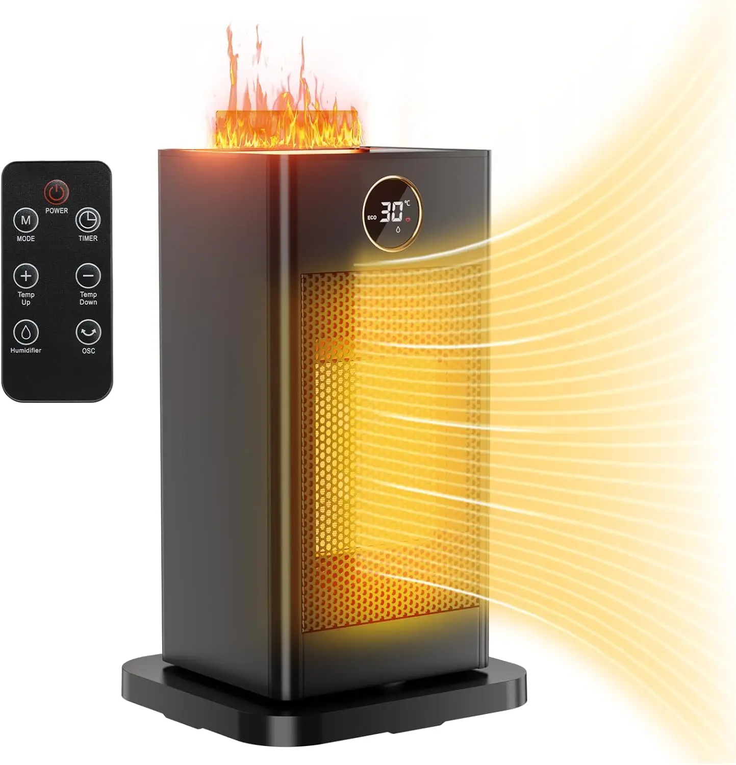 Calentador de ventilador con función de humidificación y luz ambiental, 1500 W calienta rápida, silenciosa, control remoto, calefacción eléctrica