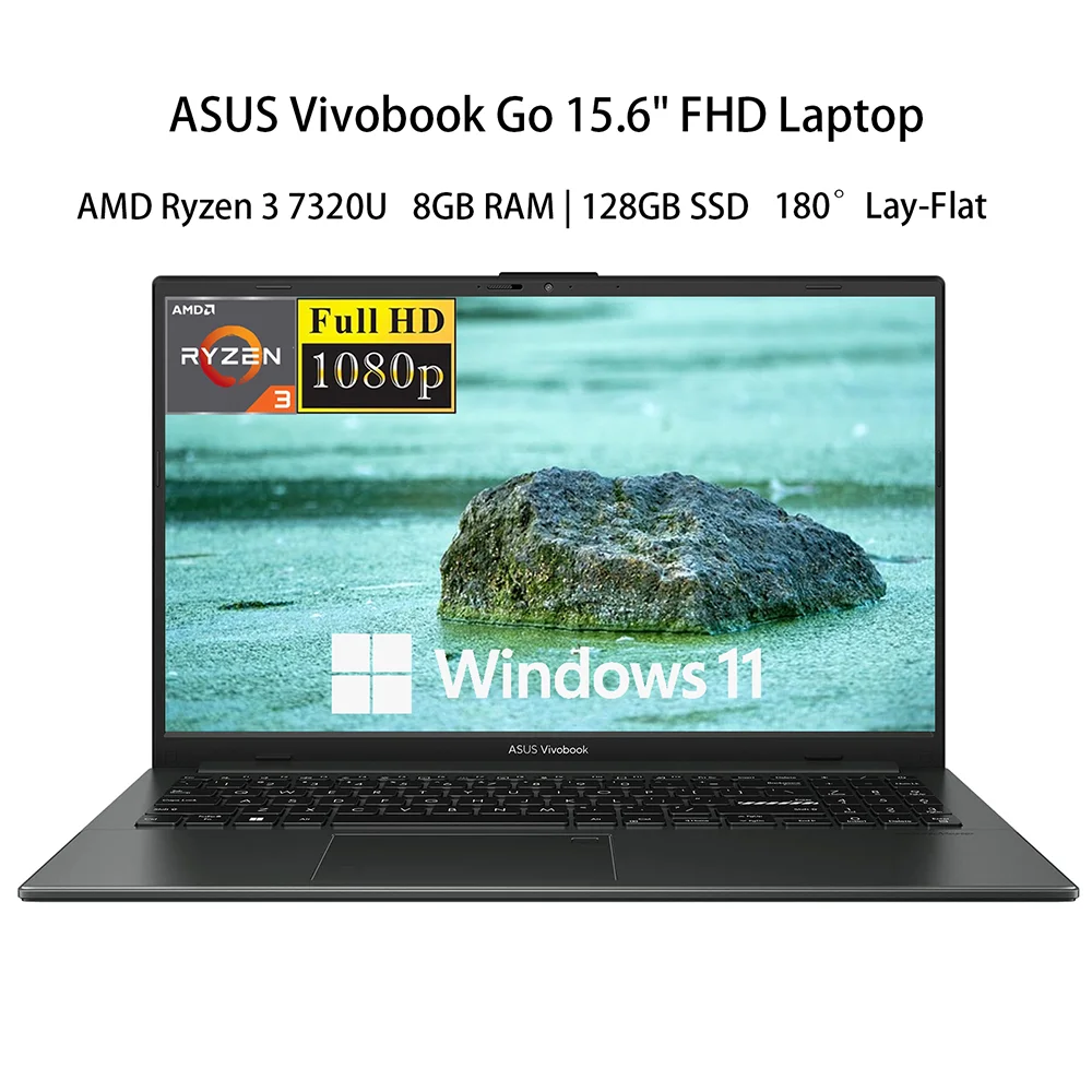 ASUS Vivobook Go Laptop FHD da 15.6 ", Laptop aziendale più recente del 2024, AMD Ryzen 3 7320U, 8GB di RAM, SSD da 128GB, piatto a 180 °, nero