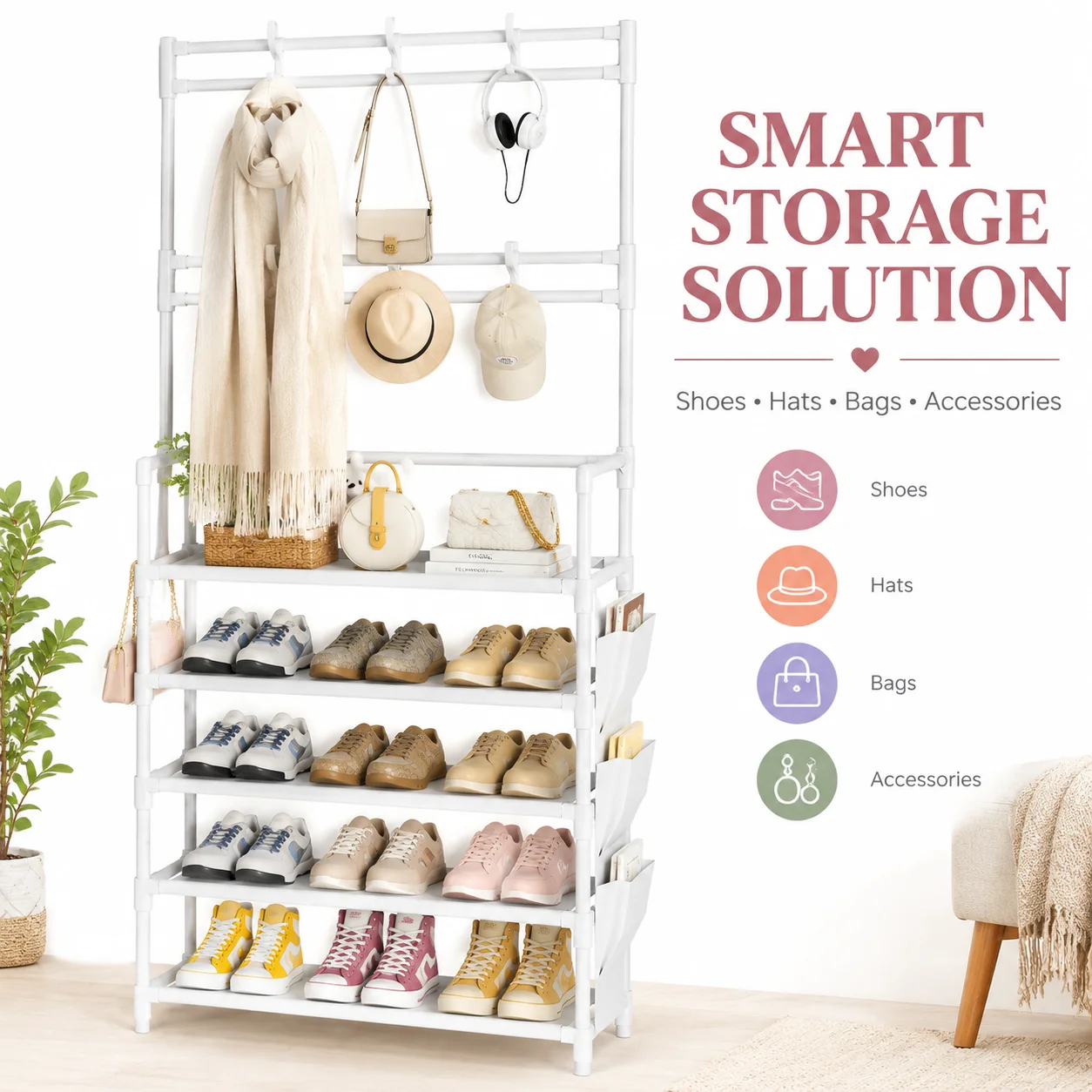 Multi-Tier Shoe Rack Organizer with Top Hooks, Space-Saving Shoe Storage Shelf for Entryway Bedroom Closet Dorm, White or Black, No Side Storage Pockets Included